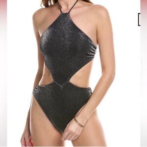 Ramy Brook Ibiza Metallic Cutout One Piece Swimsuit Black Silver XXS NWT